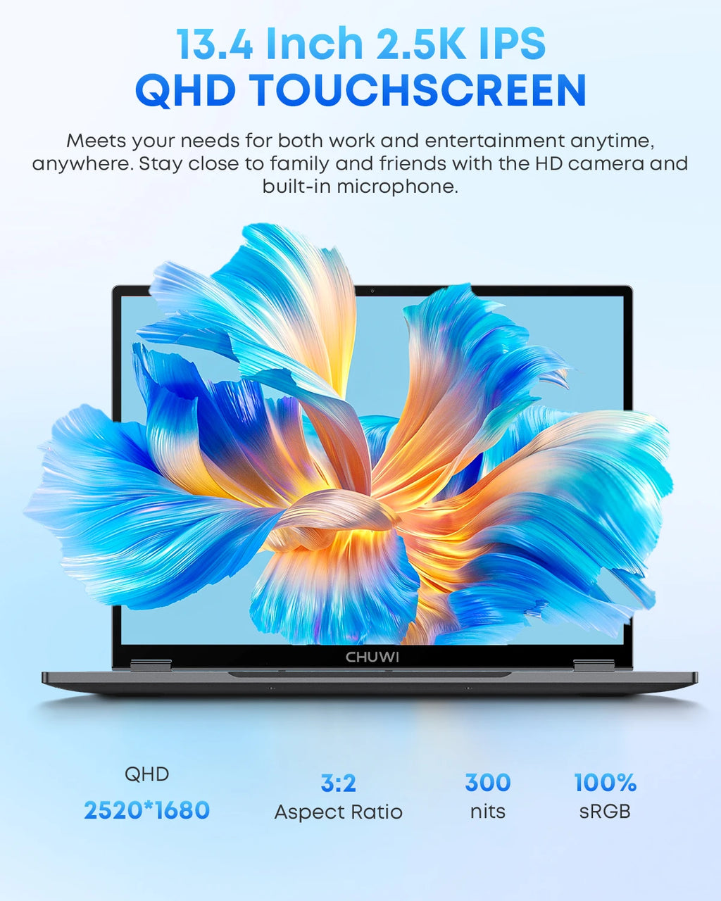 CHUWI FreeBook 2-in-1 Touch Screen Laptop Laptop 13.4'' IntelN150 16GB LPDDR5 RAM 512GB SSD FHD 2520x1680 WiFi6 BT5.2 Windows 11