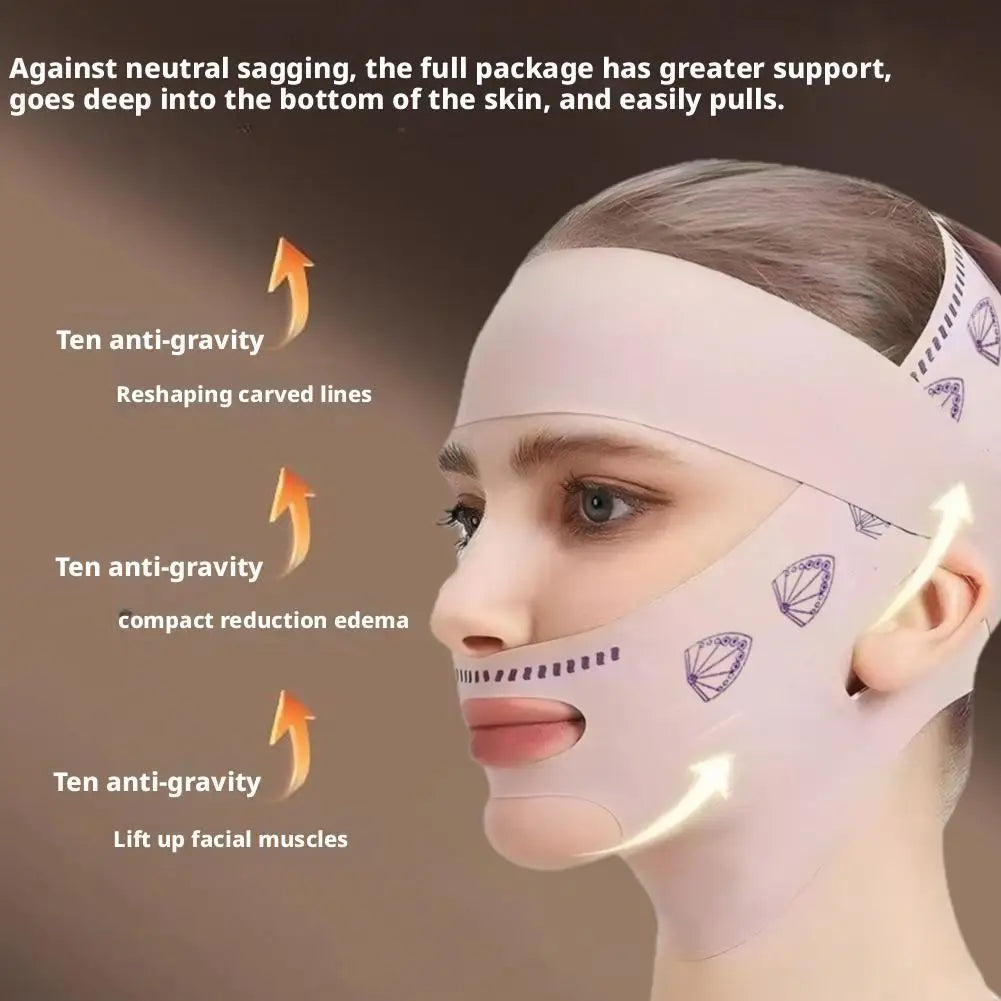 A person wearing a pale pink, reusable facial lifting bandage featuring a subtle fan-pattern design.