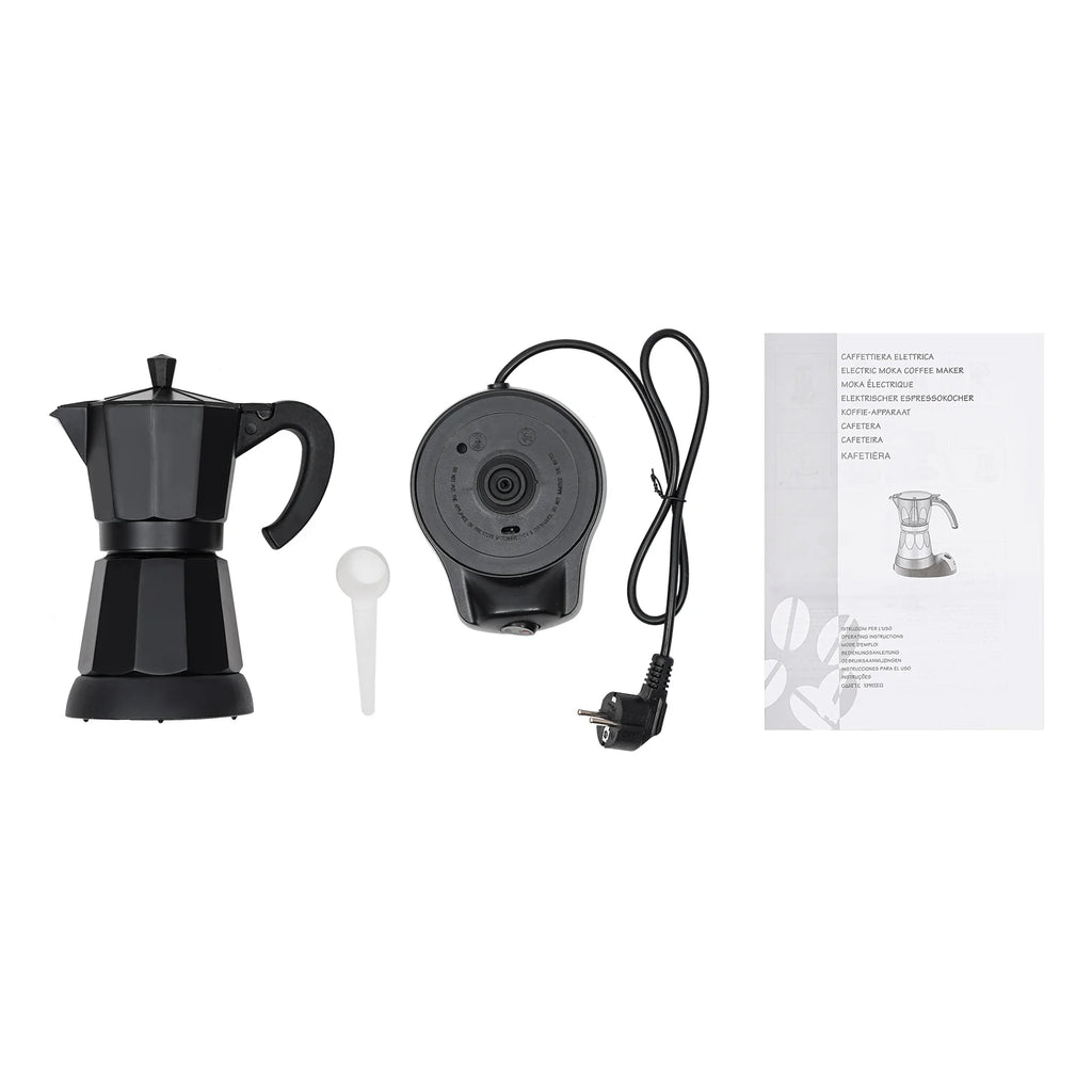 Black electric moka pot coffee maker with base, scoop, and manual on white background.