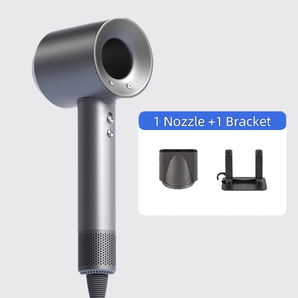 Grey high-speed, bladeless negative ion hair dryer with styling nozzle and wall bracket for home or travel use.