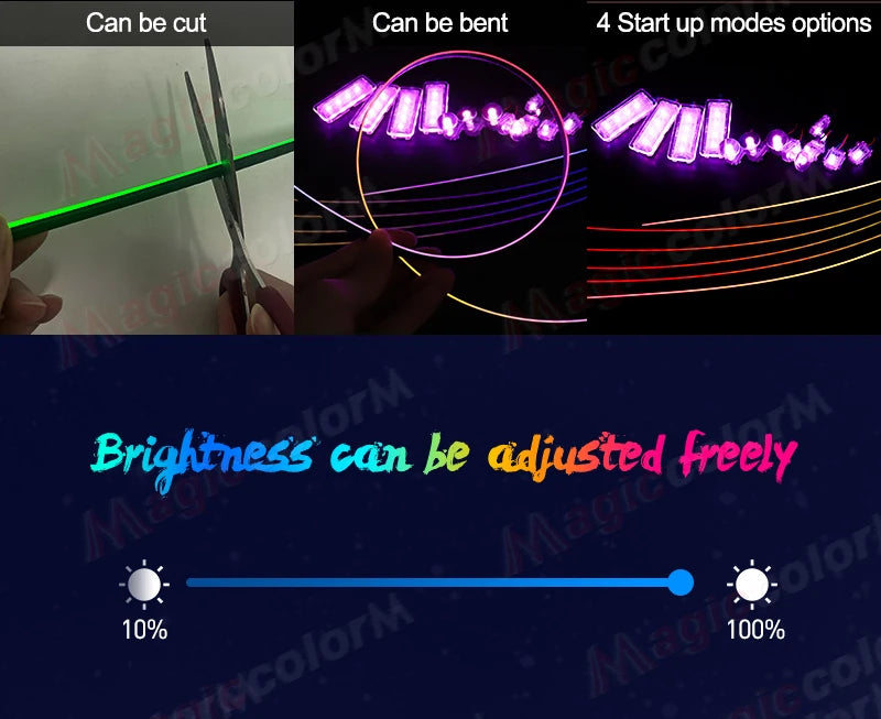 Flexible LED neon light strip that can be cut, bent, and dimmed with four brightness modes for custom illumination.
