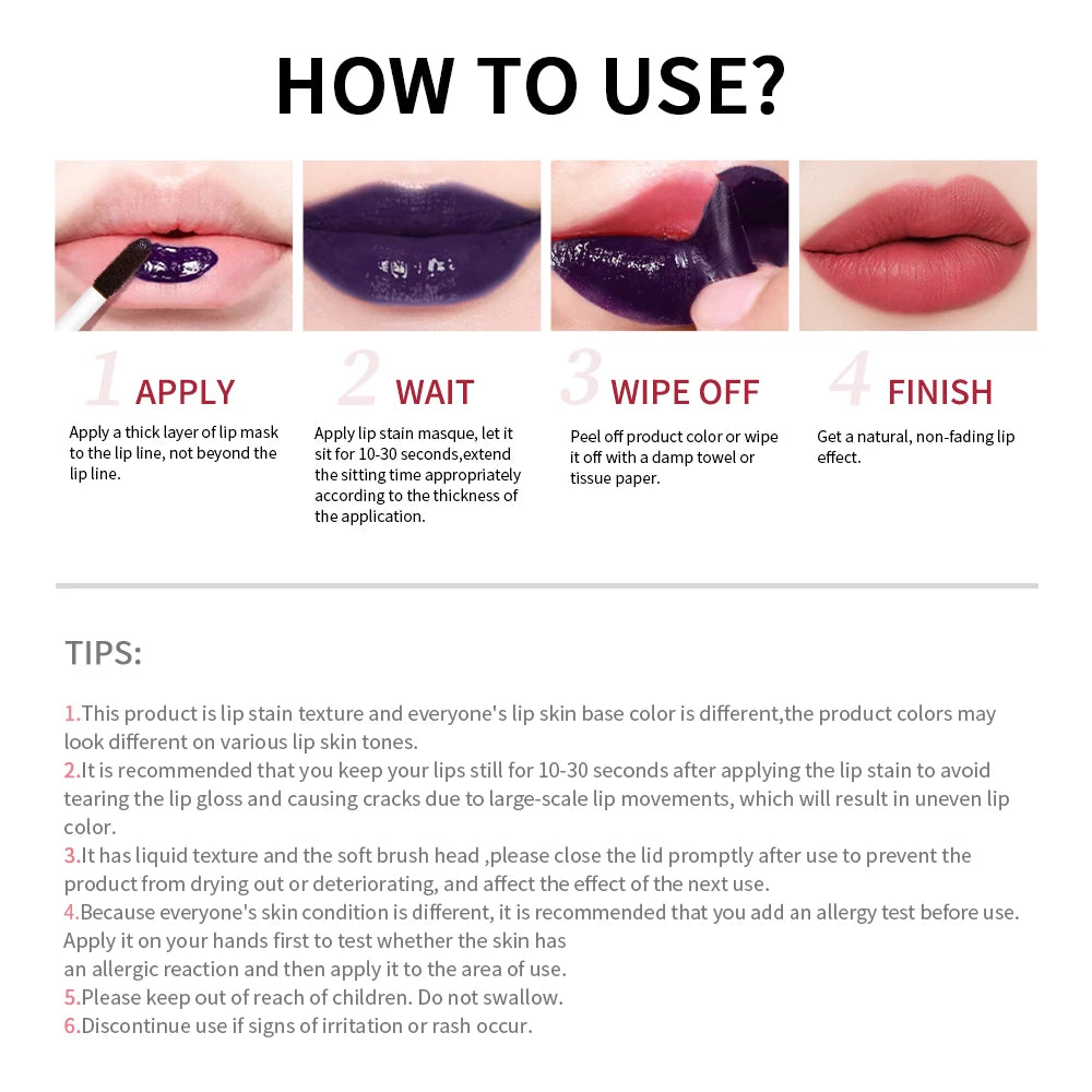 Waterproof peel-off lip stain tutorial showing application of dark purple liquid tint for a natural matte finish.