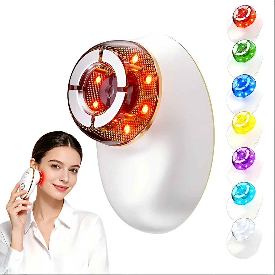 White oval microcurrent facial device with a multi-colored LED ring light, shown in use by a woman.
