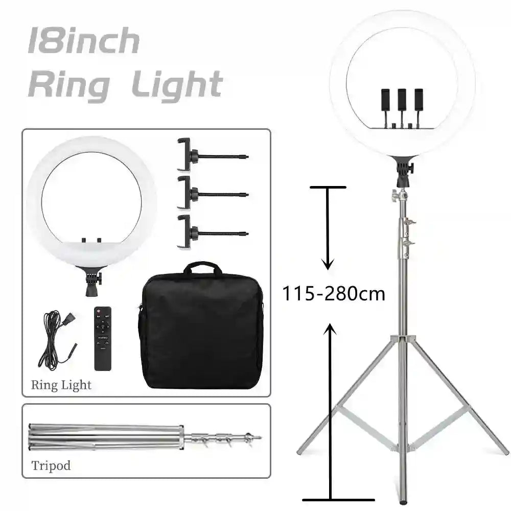 18-Inch Ring Light with Tripod Stand - Dimmable LED Studio Lighting 280cm stand Tidesmit