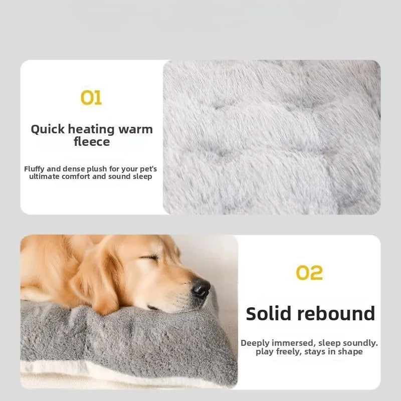 Extra large plush dog bed mat in grey for winter, featuring soft, thick, quick-heating fleece for deep pet sleep.