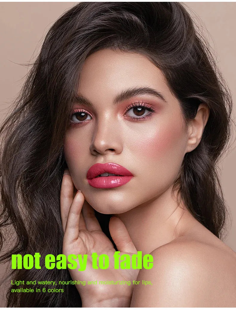 Model wearing vibrant pink, high-shine, waterproof lip gloss with a long-lasting, hydrating, non-fading finish.