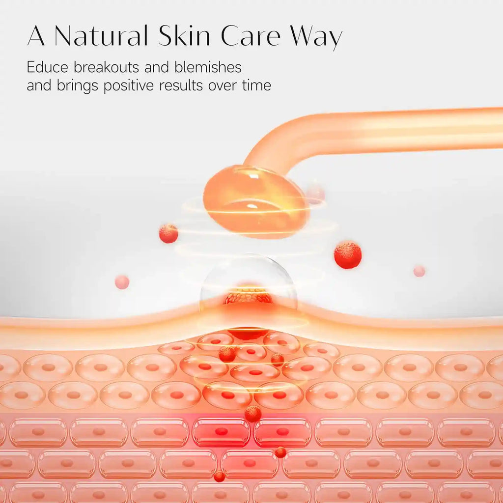 Illustration of a neon glass electrode wand emitting light rays onto a cross-section of human skin cells.