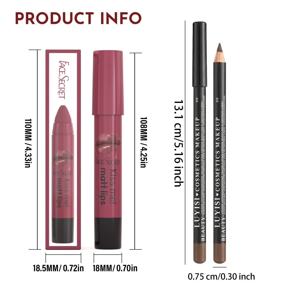Professional matte lipstick and lip liner pencil set in dusty rose. Long-wear, high-pigmented waterproof lip makeup.