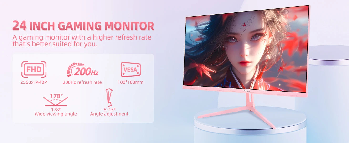FYHXele 24" 200Hz Gaming Monitor FHD 1080P Fast IPS 1ms FreeSync 99% sRGB HDMI DP USB VESA Mountable Pink