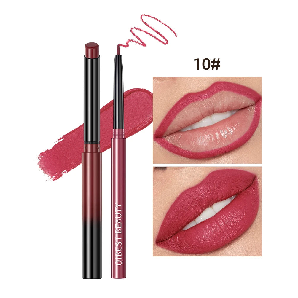 QIBEST matte velvet lipstick and lip liner pencil set in deep red shade 10 with applicator swatches and lip demo.