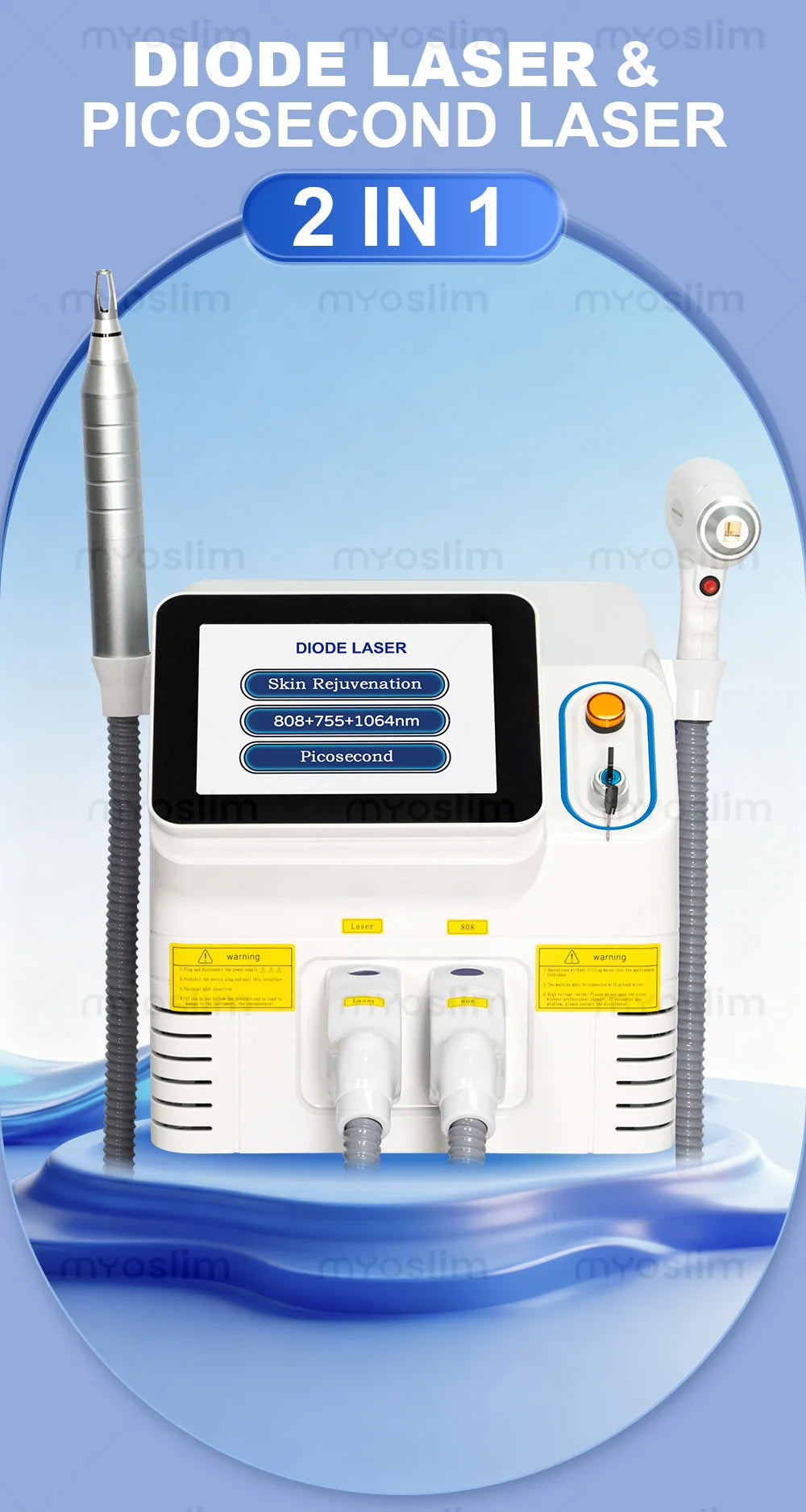 Tidesmit 2-in-1 Diode and Picosecond laser device showing advanced precision settings for skin and hair treatments.