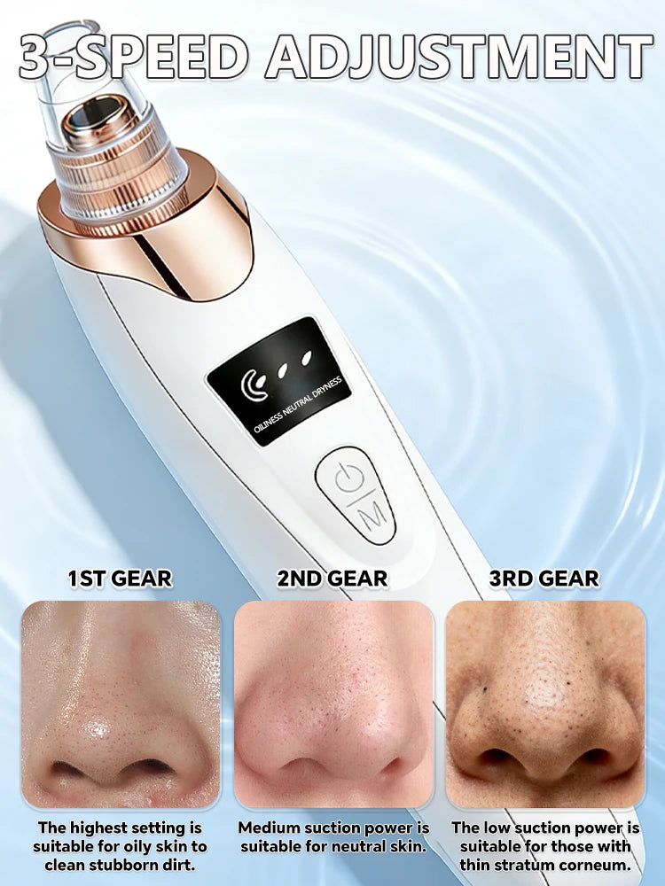 Electric blackhead remover vacuum with 3-speed settings and digital display for acne, pimple, and pore deep cleaning.