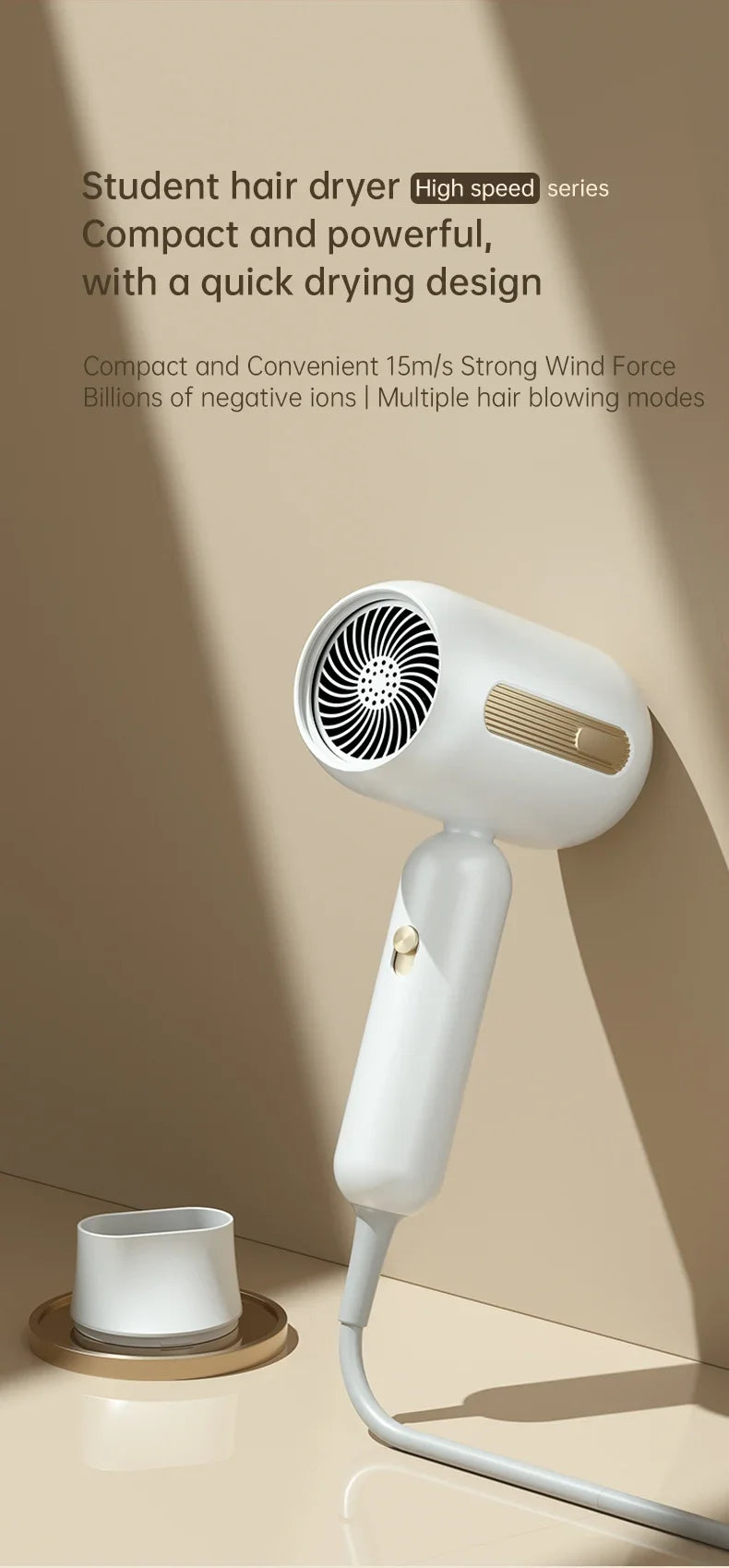 White F41 high-speed ionic hair dryer with gold accents and styling nozzle for fast, low-noise professional drying.