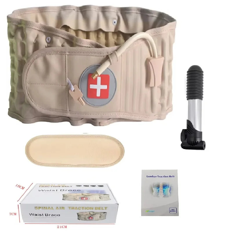 Beige inflatable lumbar traction belt with hand pump, extension pad, packaging box, and manual for lower back support.