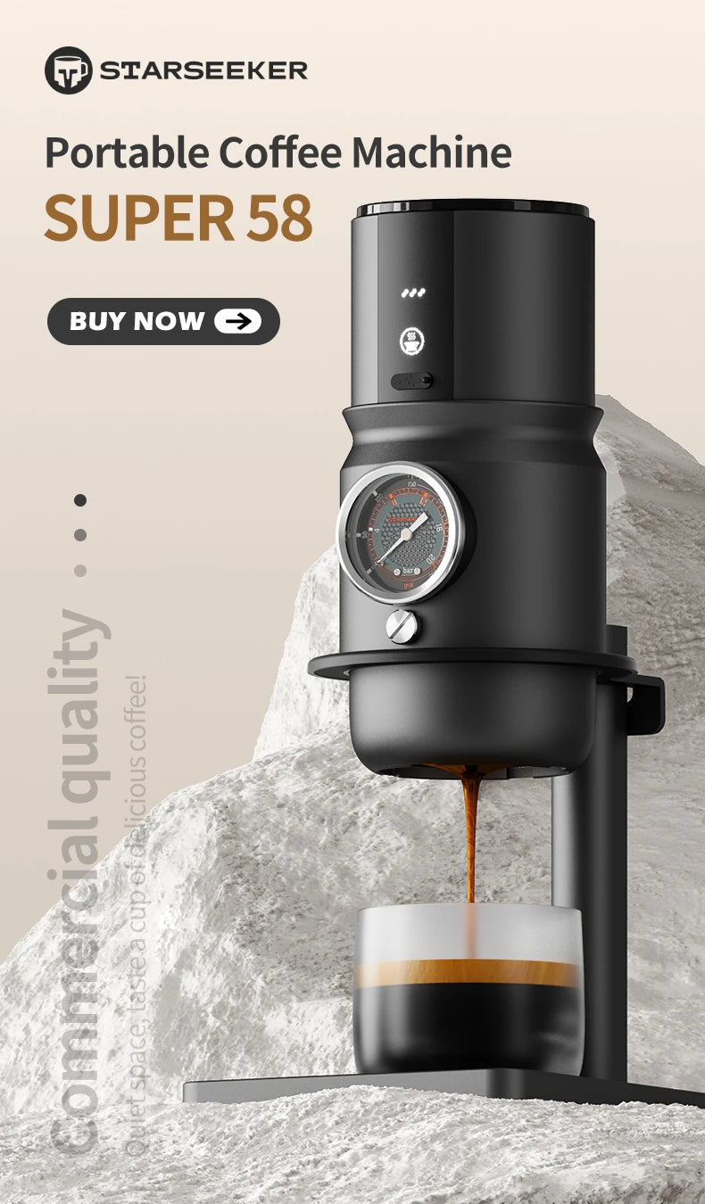 Starseeker Super 58 matte black portable espresso machine with integrated pressure gauge, brewing espresso into cup.