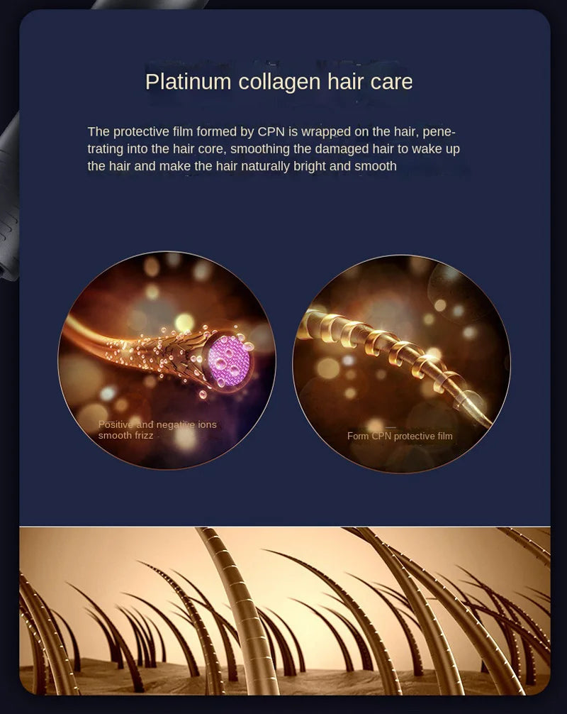 High-power ionic hair dryer showing platinum collagen CPN technology for smooth, frizz-free, and shiny hair care.
