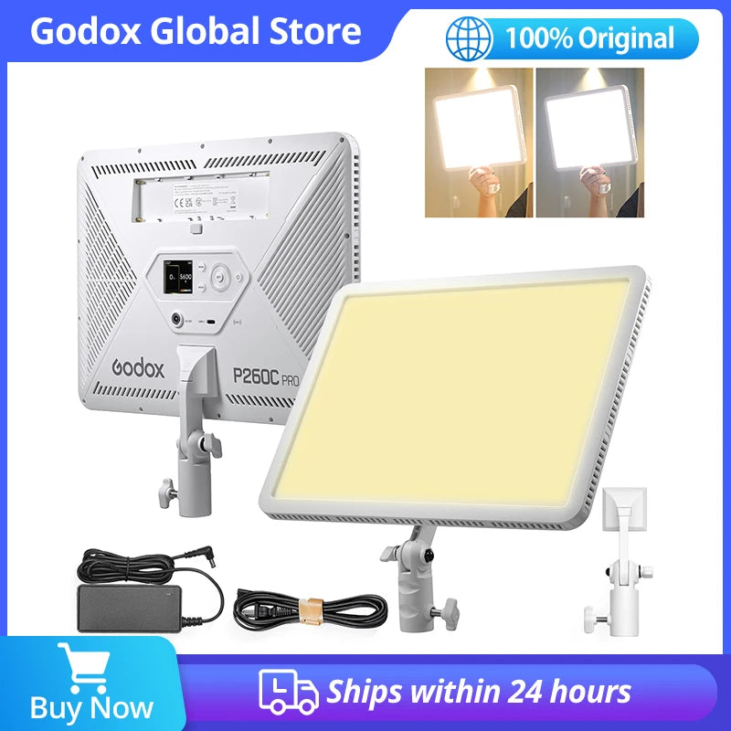 P260C Pro rectangular white LED panel light with adjustable stand mount and power cable for photography and video.