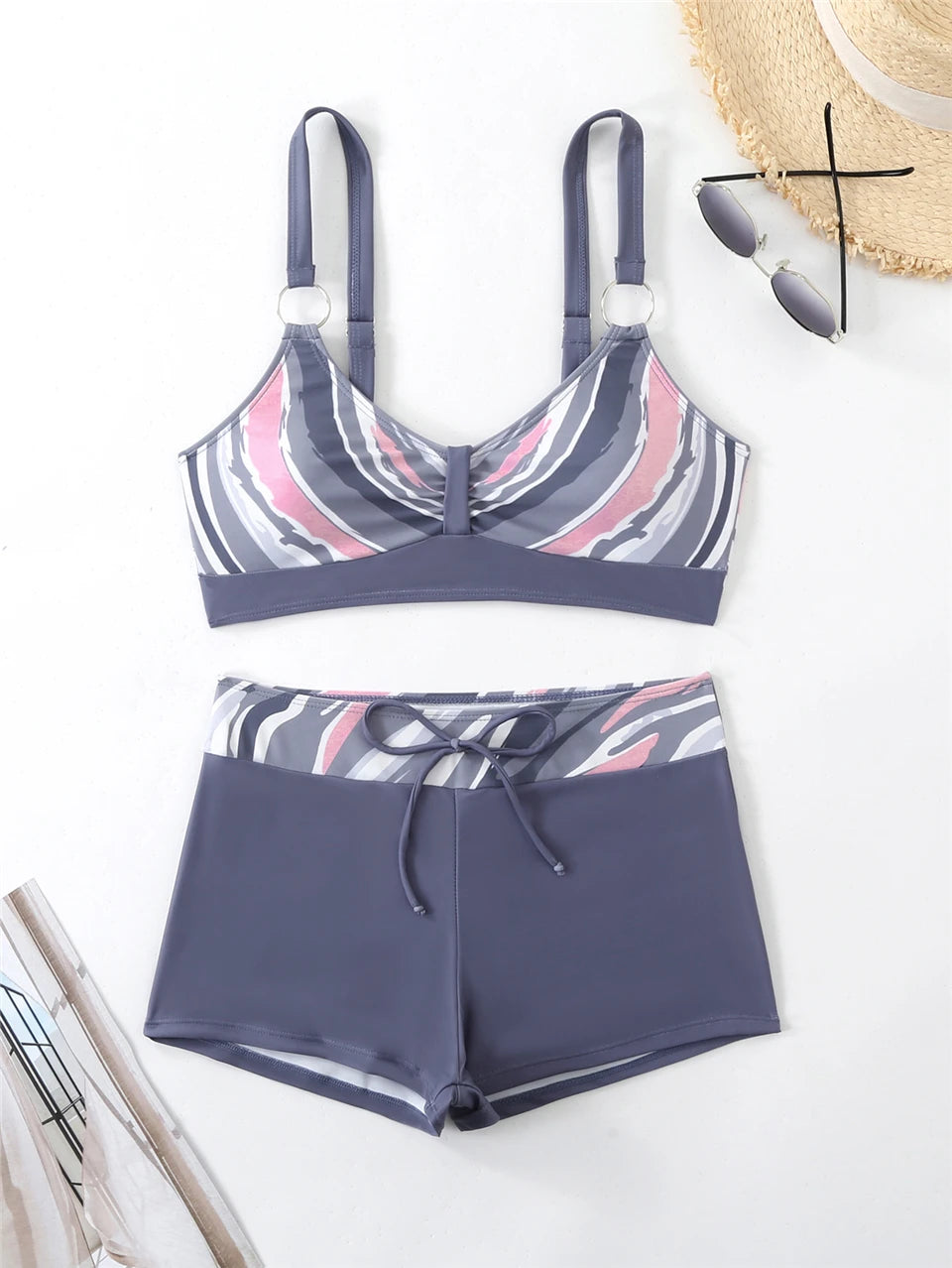 Tidesmit grey and pink swirl print bikini with high-waisted drawstring boy shorts and O-ring strap details.