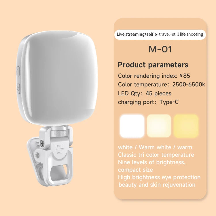 Portable LED Selfie Light - Rechargeable Video Lighting for Content Creation WHITE Tidesmit