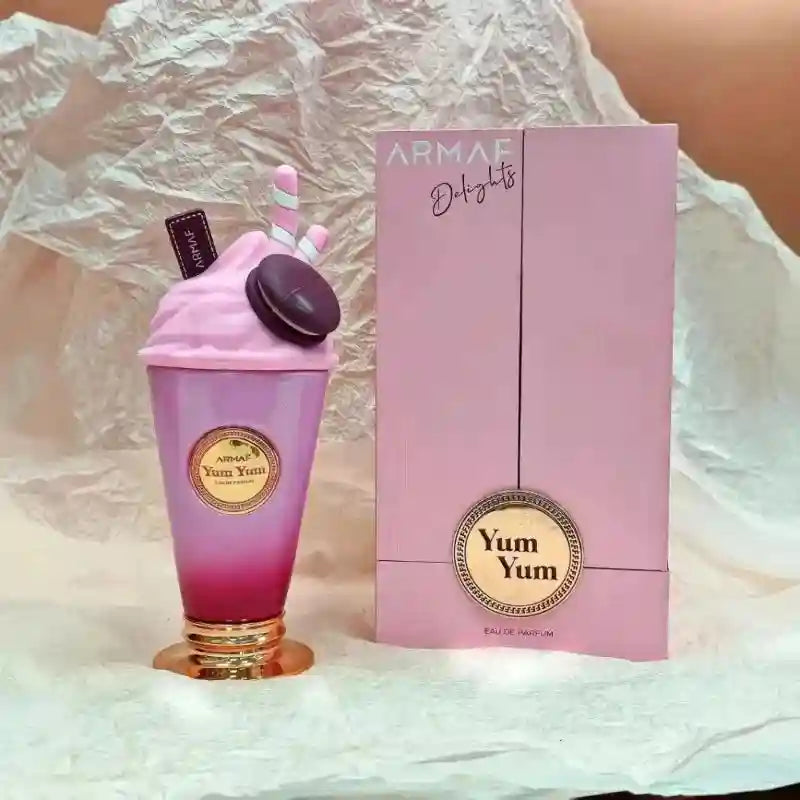 Armaf Yum Yum EDP: Floral fruity women's perfume in a unique ice cream sundae bottle with macaron, 100ml premium scent.