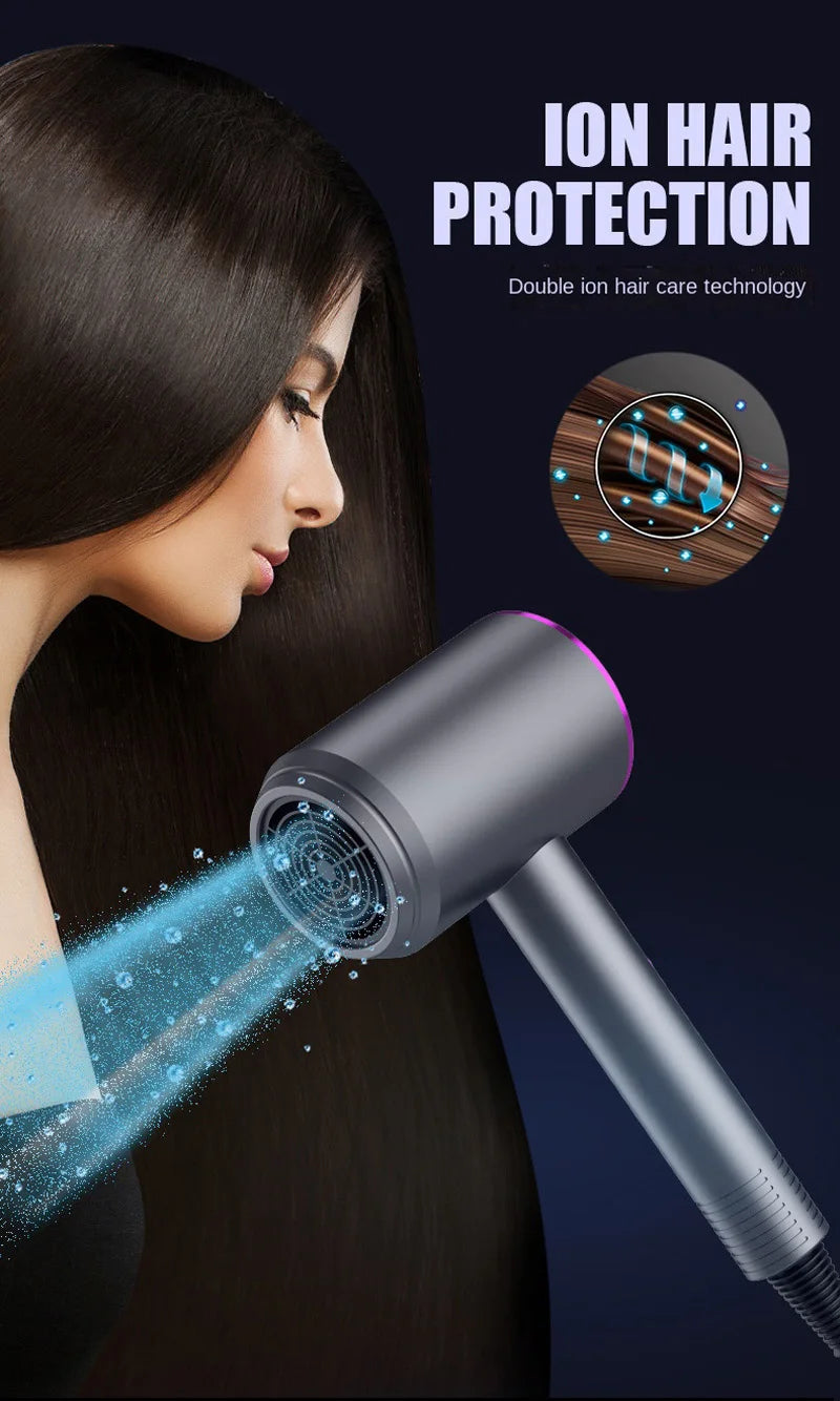 Grey high-power negative ion hair dryer with blue light technology for silent, fast-drying hair care.