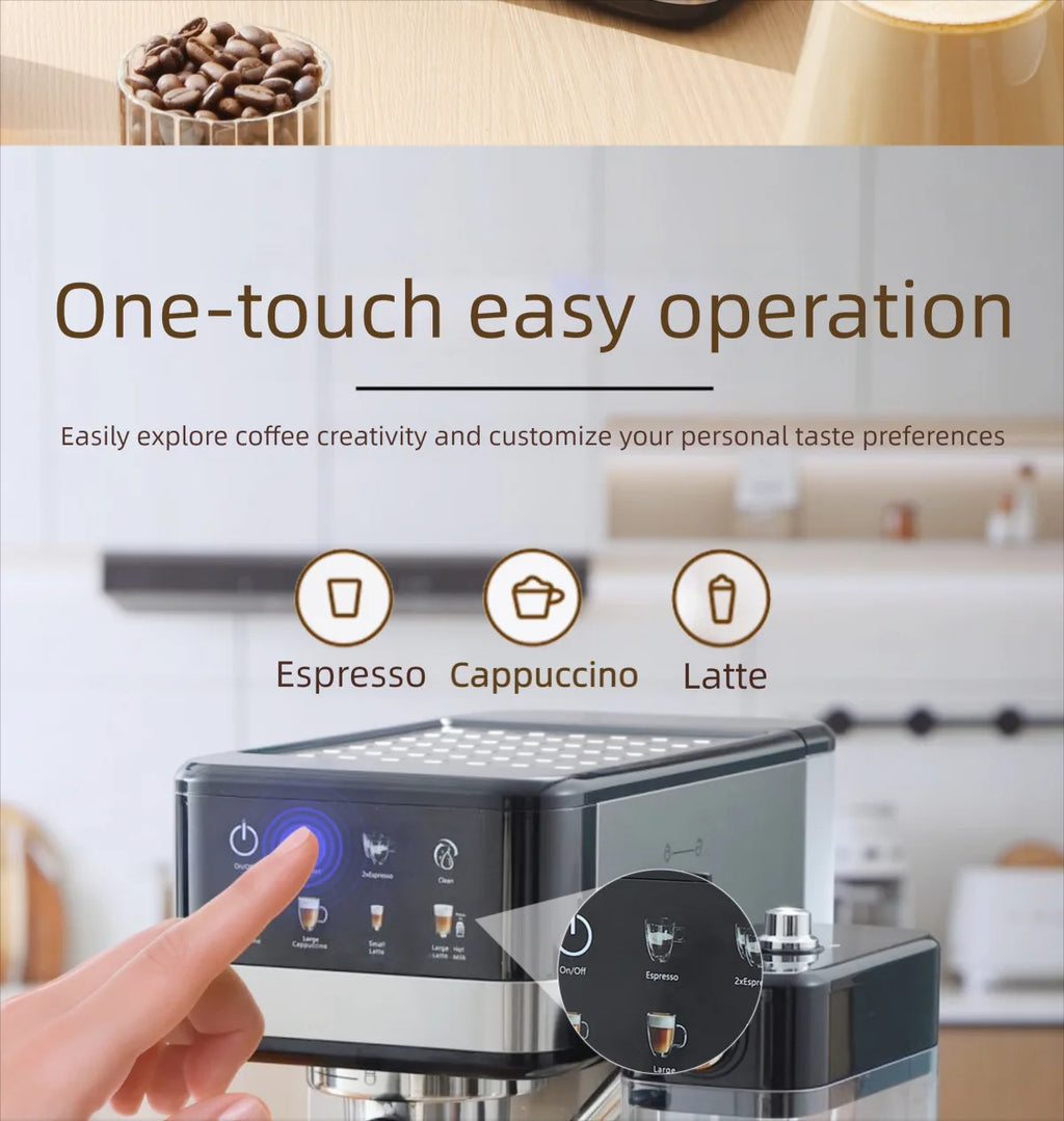 Black and silver one-touch espresso machine with digital touchscreen menu for coffee, cappuccino, and latte drinks.