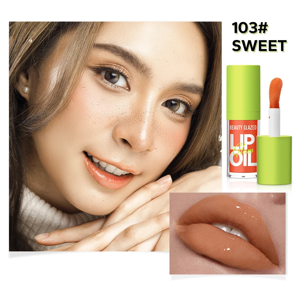 Model wearing 103# Sweet moisturizing candy lip oil with a lustrous, mirror-finish nude stain for a natural glossy look.
