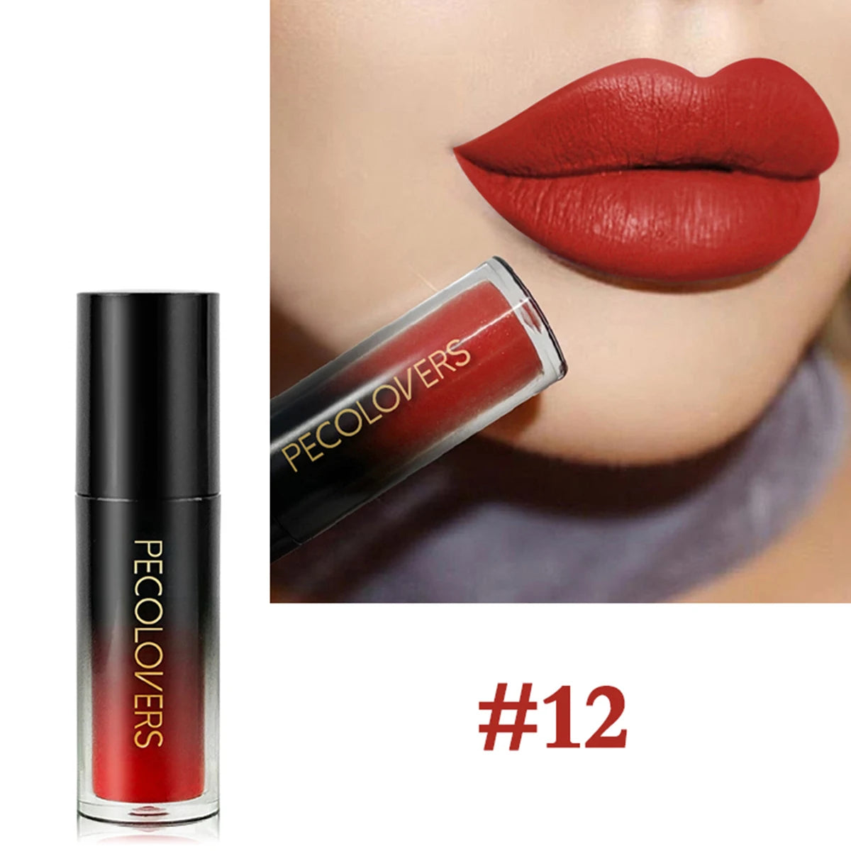 Red velvet moisturizing liquid lipstick, #12, with long-lasting, waterproof, non-stick matte finish on lips.