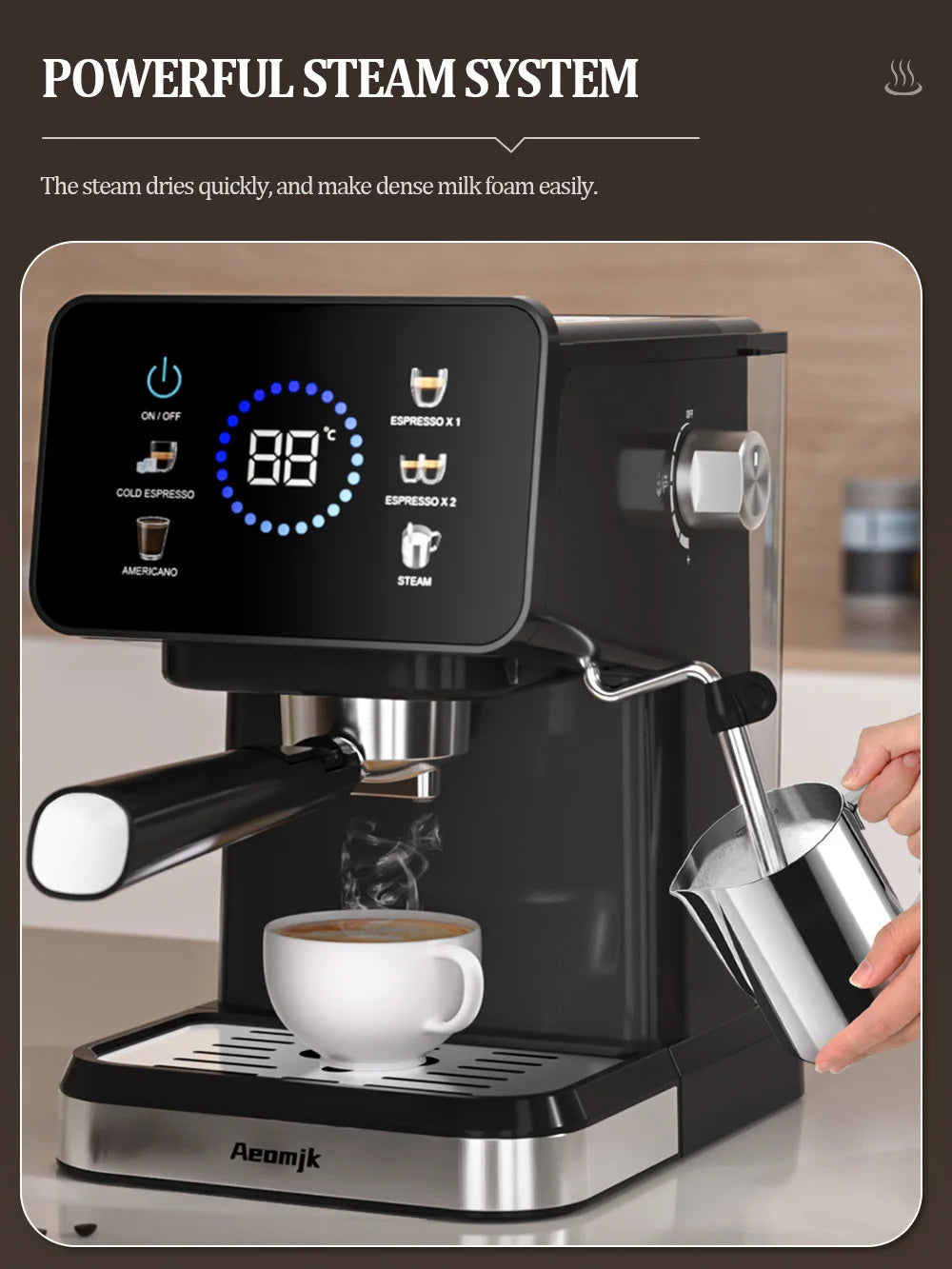 Aeomjk black stainless steel espresso machine with digital touchscreen, portafilter, and steam wand frothing milk.