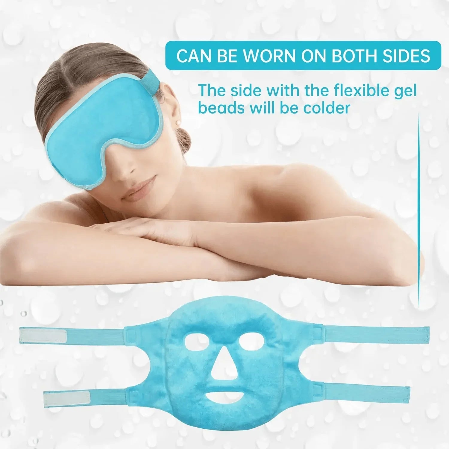 Woman wearing a light blue gel bead eye mask, with a full-face version shown below featuring adjustable straps.