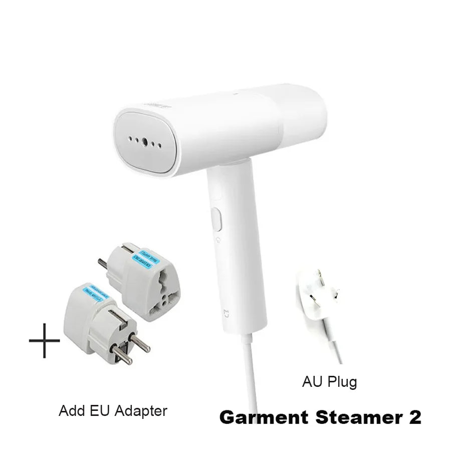 White handheld garment steamer with AU plug and add-on EU adapter shown.