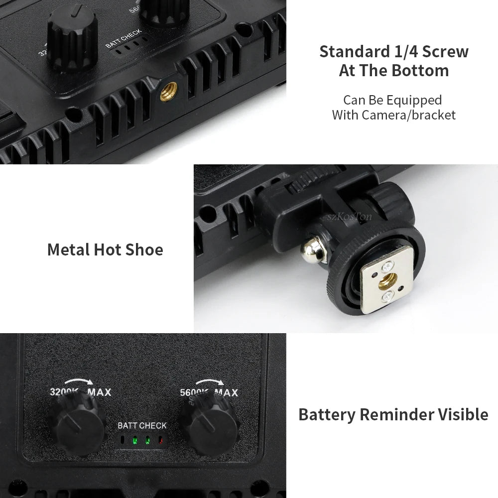 LED camera light with 1/4-inch screw mount, metal hot shoe, color temperature knobs, and battery level indicator.