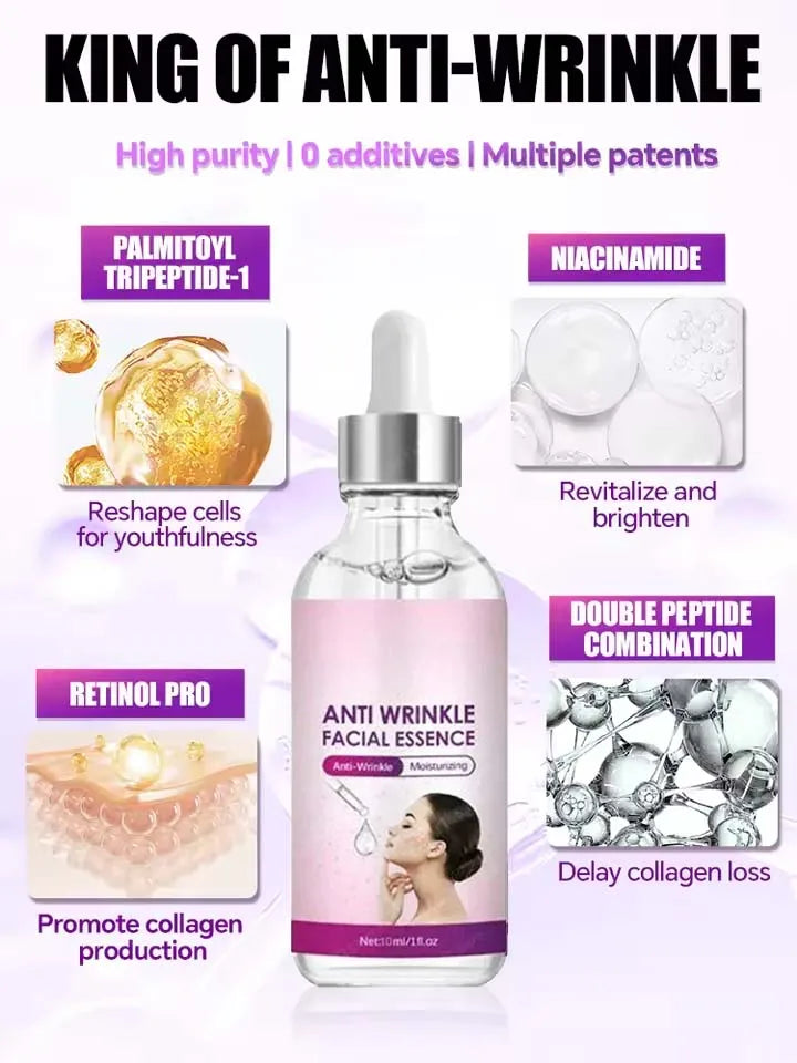 Anti-wrinkle facial essence with retinol, niacinamide, and peptides in a clear dropper bottle for firm, youthful skin.