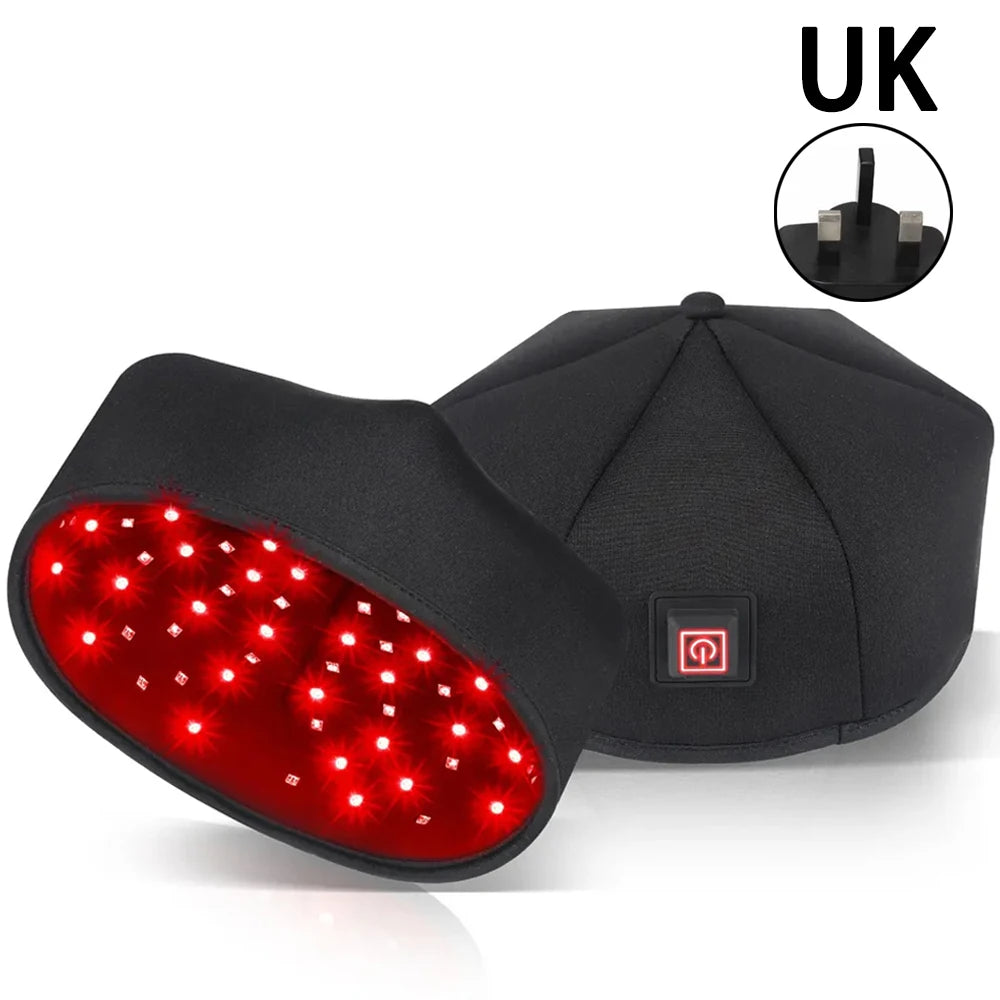 Black hair growth cap with 650nm red light therapy, wired plug-in design for LLLT home scalp and hair loss treatment.