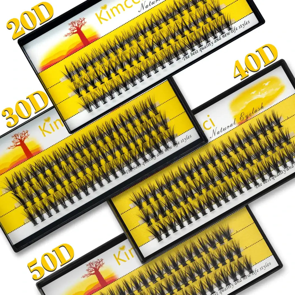 Trays of black mink cluster eyelash extensions in 20D, 30D, 40D, and 50D styles with natural 3D volume.