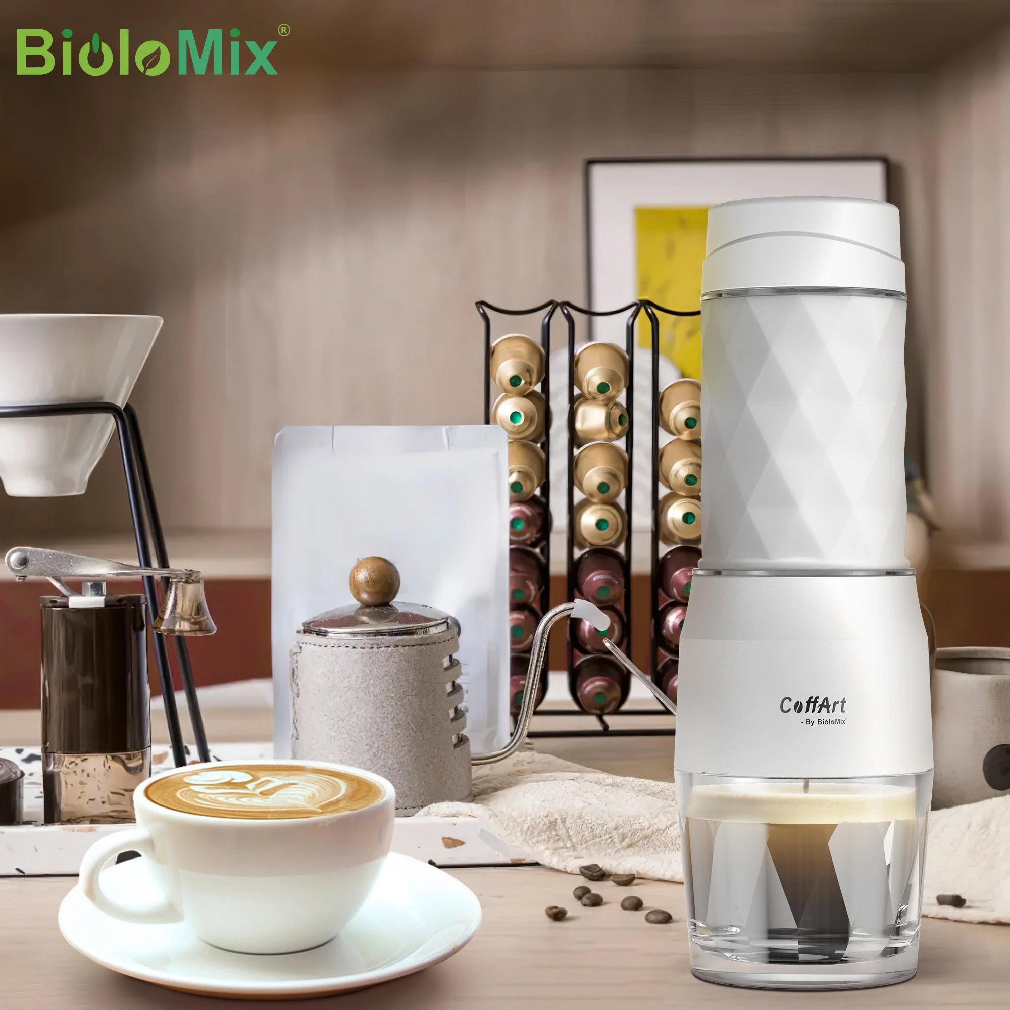 BioloMix CoffArt portable white matte espresso maker with diamond-textured body and clear glass base on kitchen table.