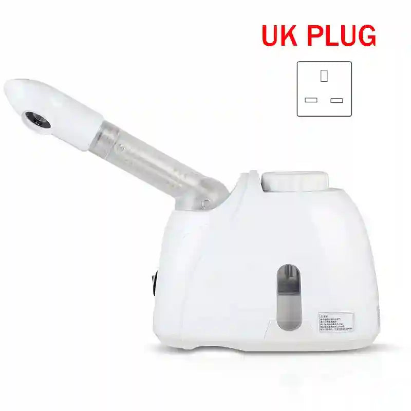 White facial steamer with adjustable nozzle for deep pore cleansing, hydrating skin care, and UK plug power source.
