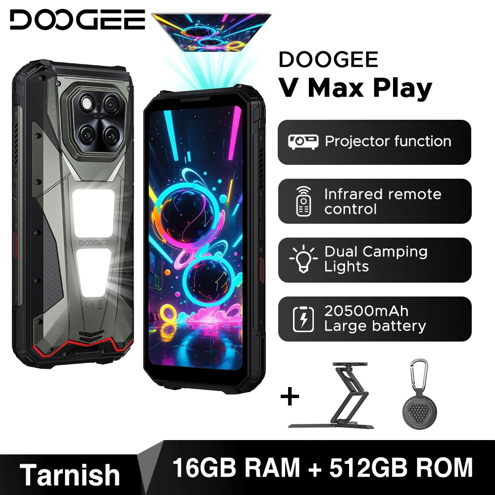 DOOGEE V Max Play rugged smartphone in tarnish: 20500mAh battery, dual camping lights, and built-in projector.