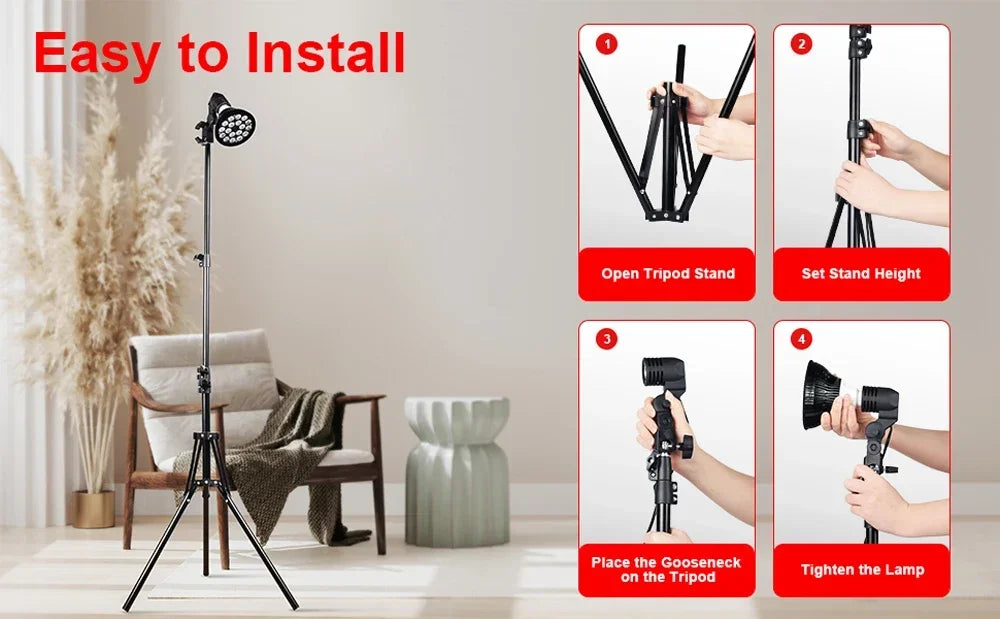 Red light therapy lamp with tripod stand showing easy assembly steps for skin health and muscle pain relief.