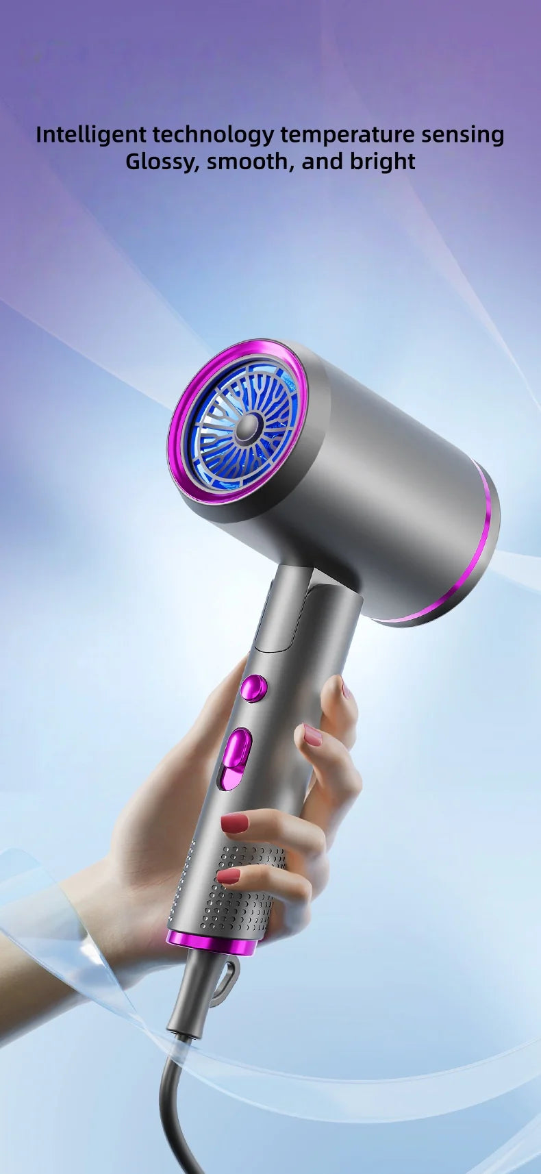Grey 2400W foldable hair dryer with purple accents, temperature sensing technology, and ergonomic handle design.
