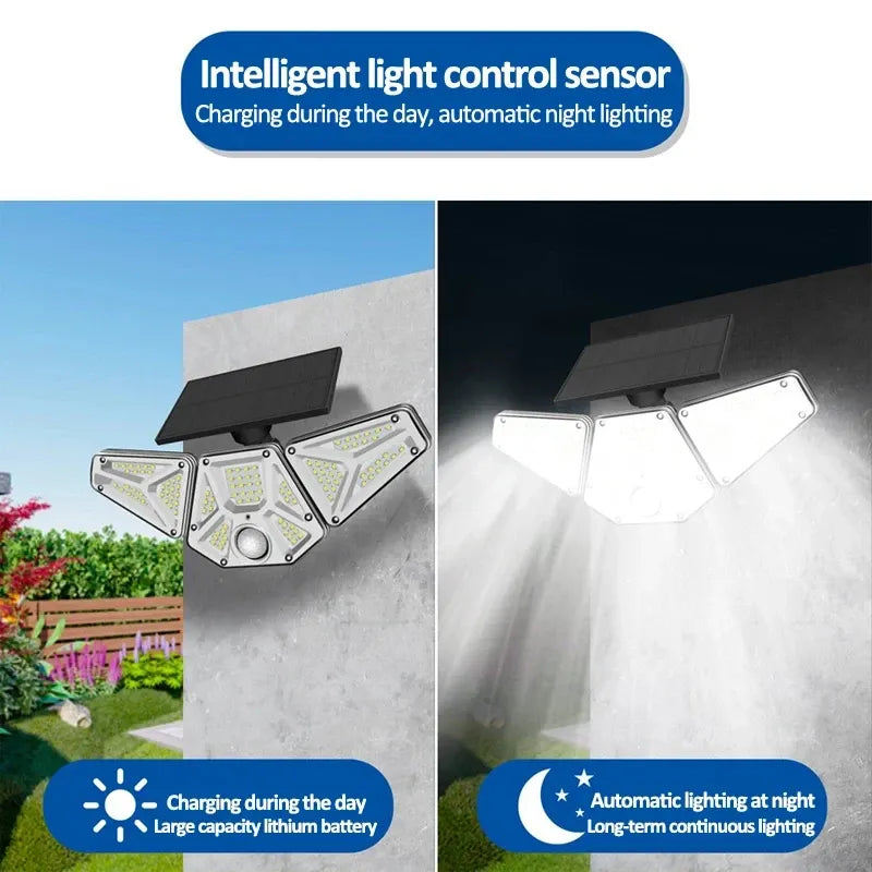Three-head solar wall light mounted on a wall with bright nighttime illumination