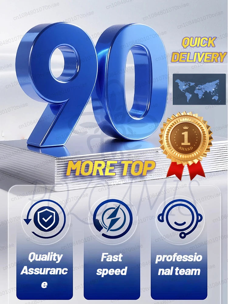 A graphic with a large blue 3D "90", a gold award seal, a world map, and icons for quality, speed, and service.