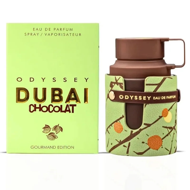 Armaf Odyssey Dubai Chocolat EDP: Gourmand men’s perfume in a unique brown bottle with green sleeve and cocoa art.