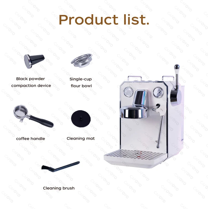 CAFOVO white espresso machine with chrome accents, includes portafilter, tamper, filter basket, and cleaning tools.