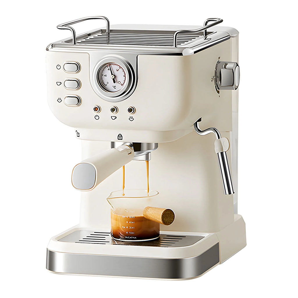 Retro Pacapina espresso machine in cream with chrome accents, pressure gauge, and steam wand brewing into a glass cup.