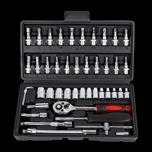 Closed car repair tool set case with chrome sockets and ratchet wrench with red accent