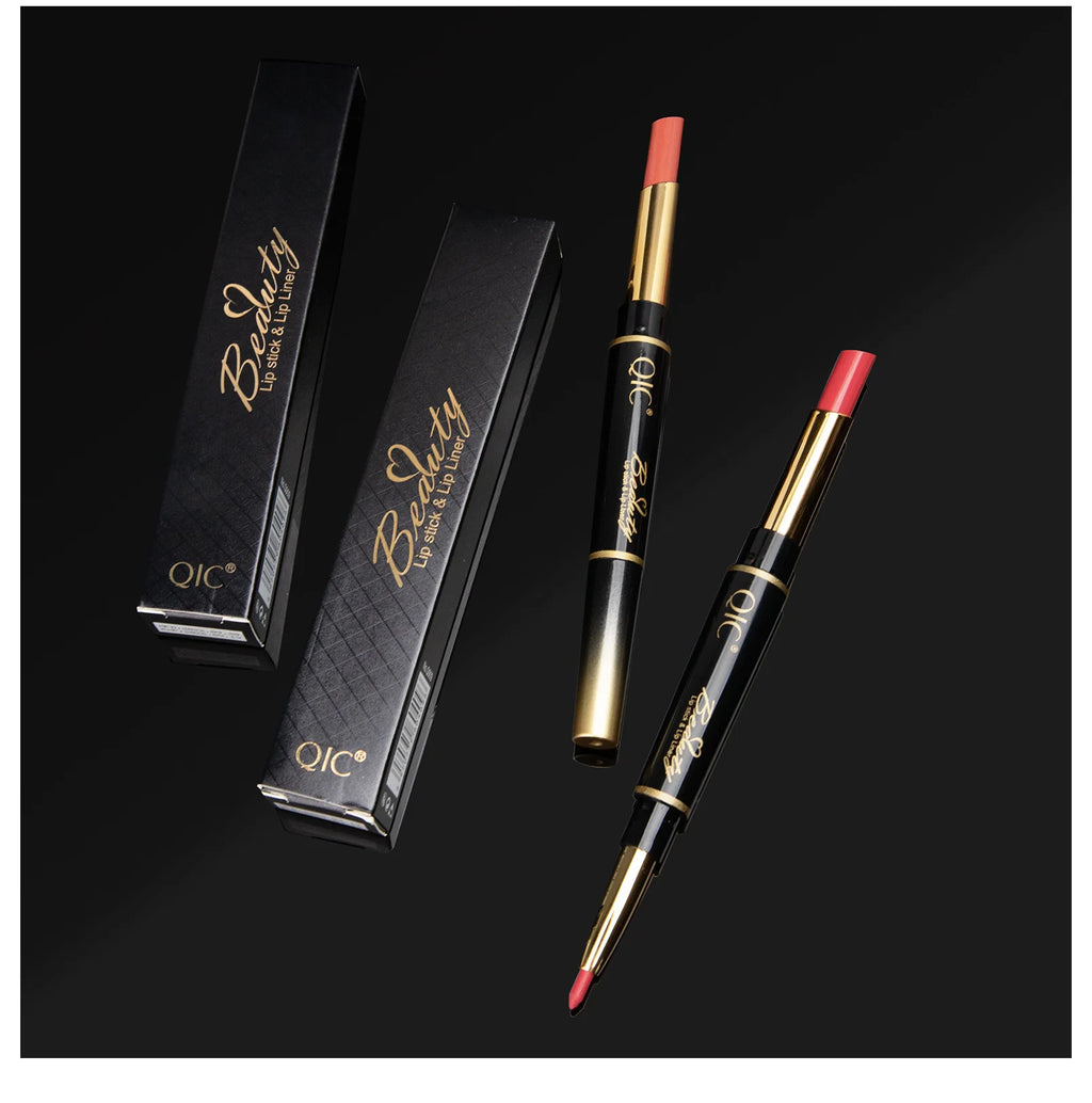 2-in-1 waterproof matte lipstick and lip liner pencil set with sleek gold and black dual-ended design.