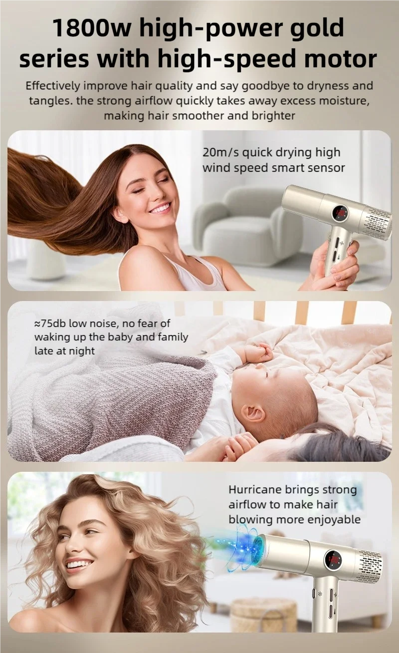 TINSOL 1800W gold high-speed negative ion hair dryer with smart digital display and quiet, fast-drying salon technology.