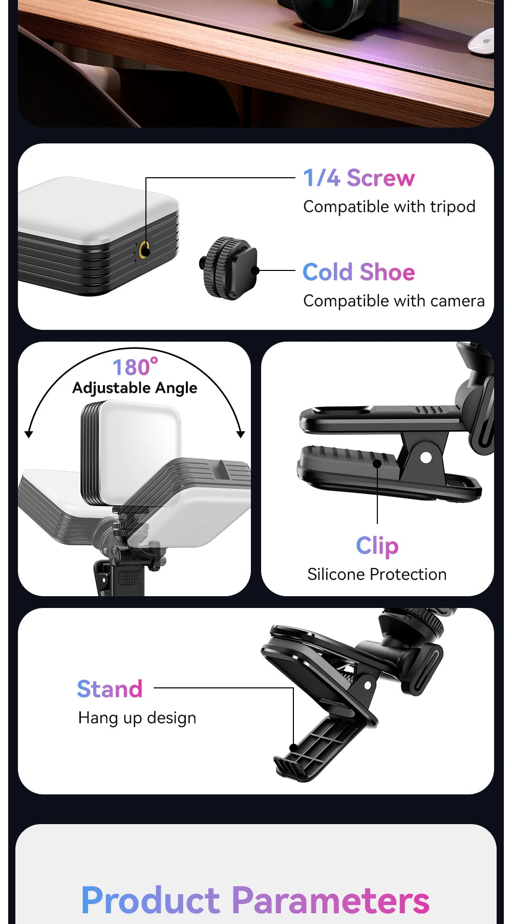 Small square black LED light with 180-degree tilt, 1/4 screw, cold shoe, and clip mount for camera or desk mounting.