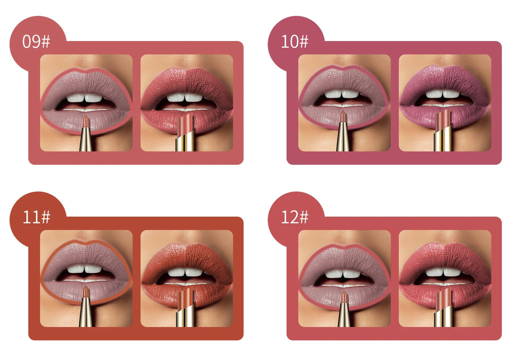 2-in-1 waterproof matte lipstick and lip liner pencil set in assorted nude and red long-lasting shades for lip makeup.